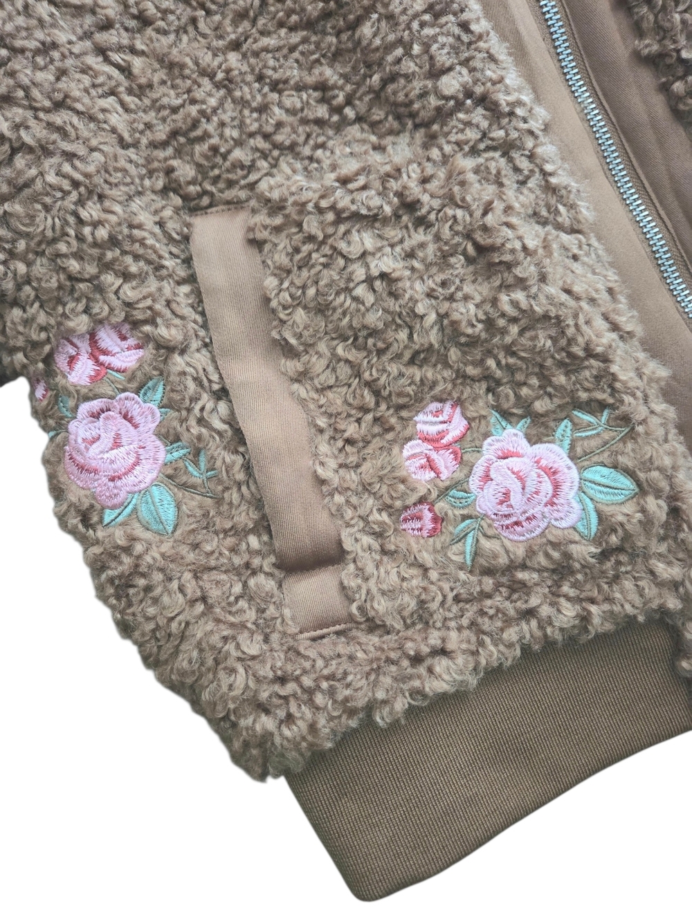 Anthropologie Floral Embroidered Sherpa Bomber Jacket - Picture 4 of 7